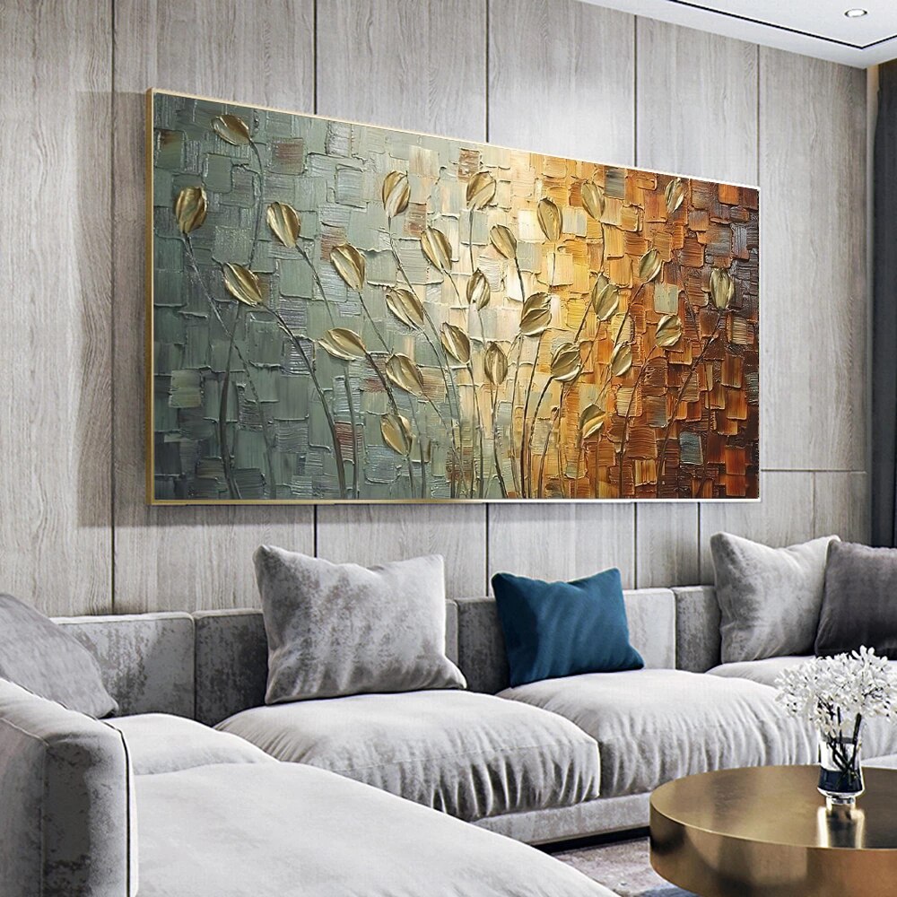 Nordic Abstract Golden Leaves Flowers Oil Painting on Canvas Wall Art Posters Prints Wall Pictures for Living Room Home Cuadros