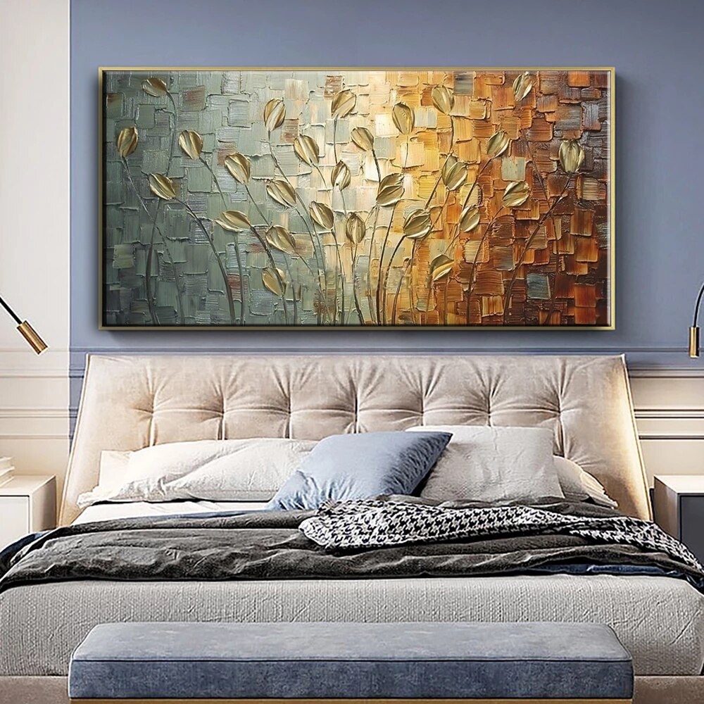 Nordic Abstract Golden Leaves Flowers Oil Painting on Canvas Wall Art Posters Prints Wall Pictures for Living Room Home Cuadros