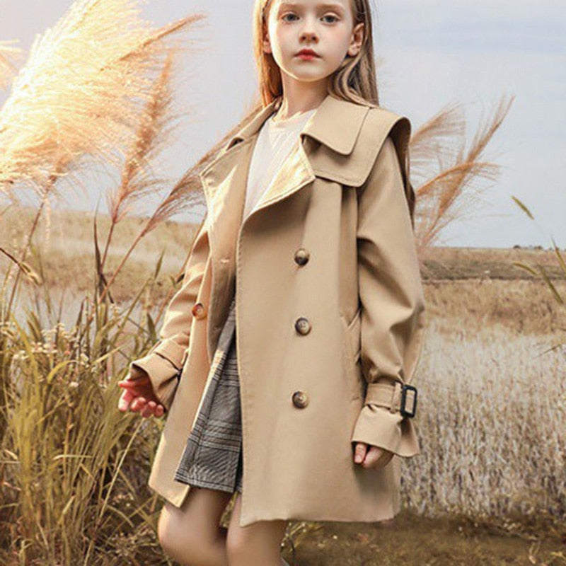 3-14 years Spring Autumn Girls Windbreaker Trench Coat Windproof Children Kid's Mid-Length Jacket Coat Baby Teenagers Overcoat