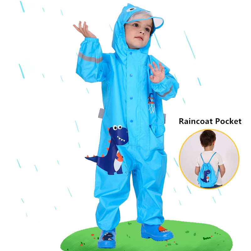 1-10 Years Old Children Raincoat Kids Boys Girls Waterproof Jumpsuit Hooded One-Piece Cartoon Dinosaur Baby Rainwear And Pants