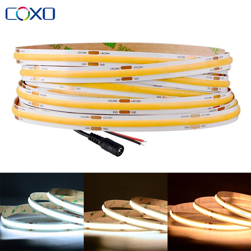 UL Listed COB LED Strip Light 320 480 LEDs/m 16.4ft High Density Flexible Tape Ribbon 3000-6500K RA90 Led Lights DC12V 24V