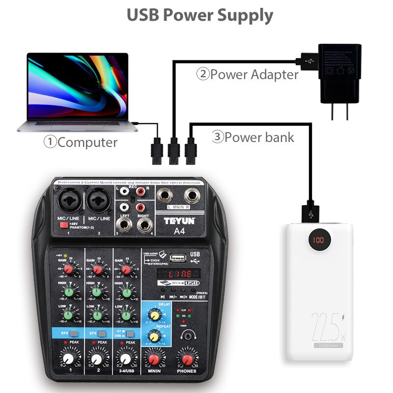 TEYUN A4 Sound Mixing Console Bluetooth USB Record Computer 48V Phantom Power Delay Repaeat Effect 4 Channels USB Audio Mixer