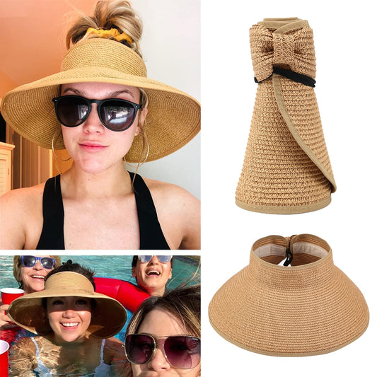 2022 New Women Roll Up Sun Visor Wide Brim Straw Hat Summer Foldable Packable UV Protection Cap for Beach Travel Bonnet