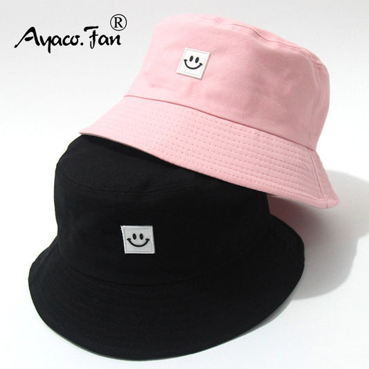 Women Simple Bucket Hat Solid Candy Colors Smile Face Sun Hat Outdoor Sports Travel Beach Caps Fishermen Hats Hip Hop Female Cap