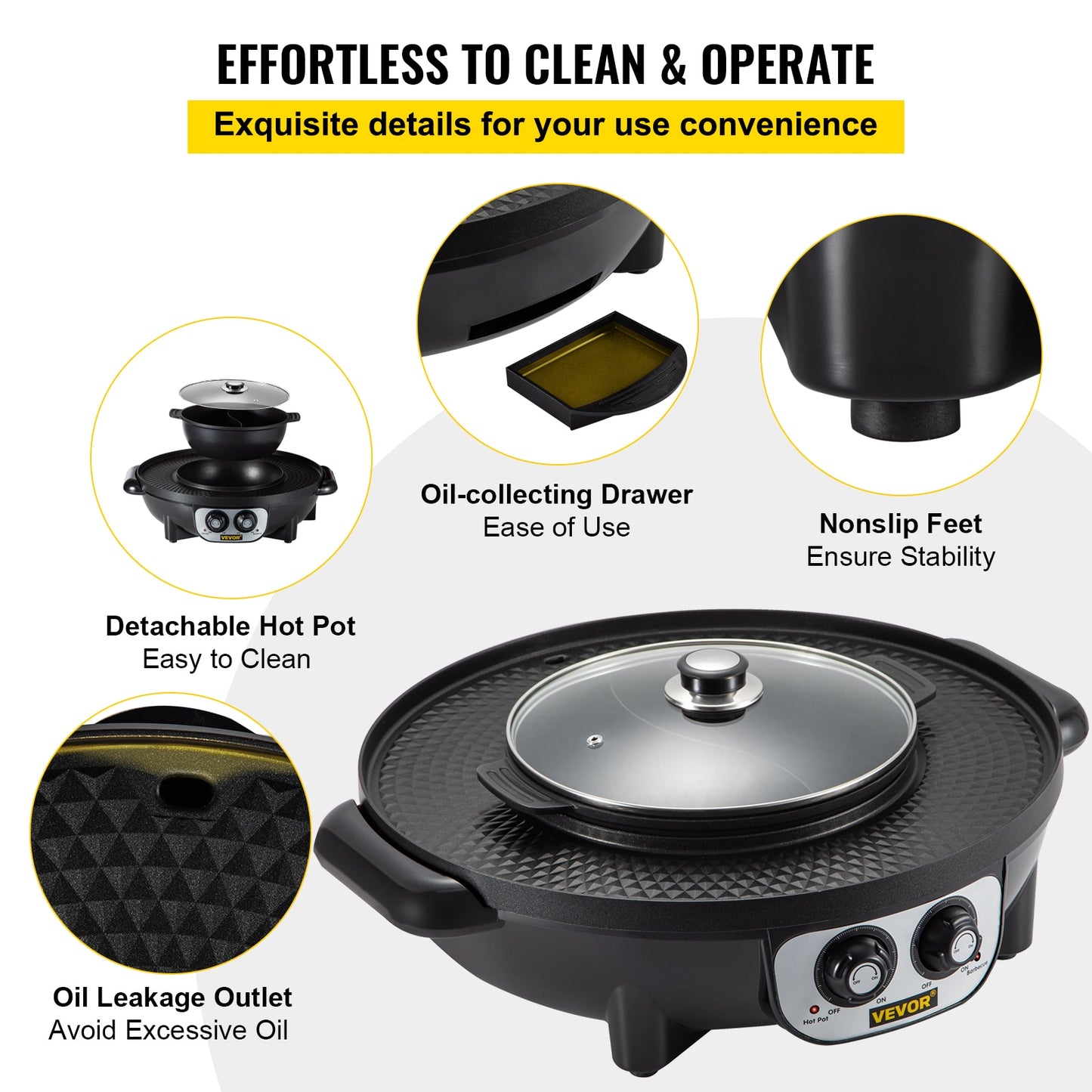 VEVOR 2 in 1 Electric Hot Pot BBQ Grill 2200W Multifunction Portable Home Non-Stick Split Pot Smokeless Skillet Barbecue Pan