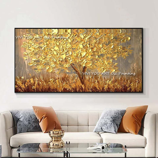 Hand Painted Knife Gold Tree Oil Painting On Canvas Large Palette 3D Paintings For Living Room Modern Abstract Wall Art Pictures