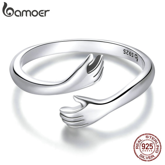 bamoer 925 Sterling Silver Hug Warmth and Love Hand Adjustable Ring for Women Party Jewelry, His Big Loving Hugs Ring 3 Colors