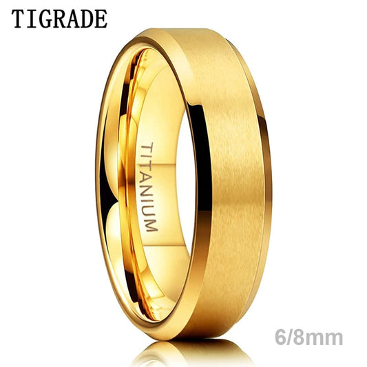 TIGRADE Pure Titanium Rings Gold Color 6MM 8MM Brushed Wedding Band Luxury in Comfort Fit Matte for Men Women Anti-allergy