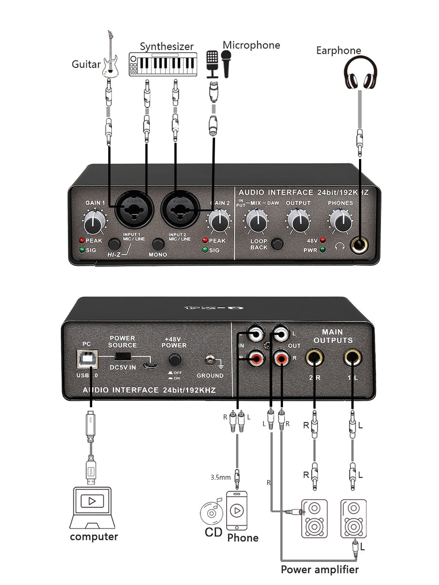 TEYUN Q-24 HIFI Audio Interface Sound Card with Phantom+48v Monitor Electric Guitar Live Recording Studio Singing Audio Board