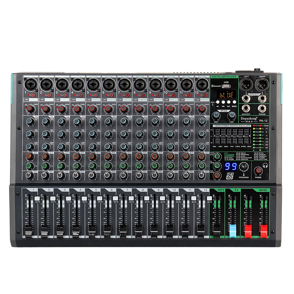 Professional 12-Channel Audio Mixer Depusheng PA12 Portable Sound Mixing Console with 48V Phantom Power For Dynamic Microphone
