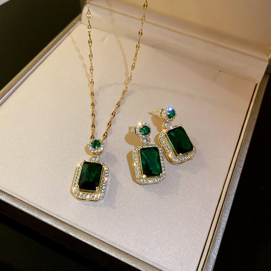AMC Korean Bridal Exquisite Emerald Green Geometric Earring And Necklace Set Wedding Versatile Jewelry Accessories For Women