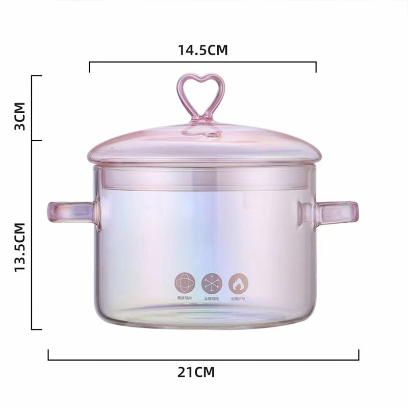 INS Cute High-value Love Pink Glass Pan High Borosilicate Heat-resistant Binaural Soup Pot Open Fire Instant Noodle Cooking Pot