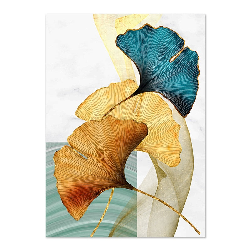 Blue Green Yellow Gold Leaf Plant Flower Canvas Poster Abstract Painting Wall Art Print Nordic Modern Pictures Living Room Decor