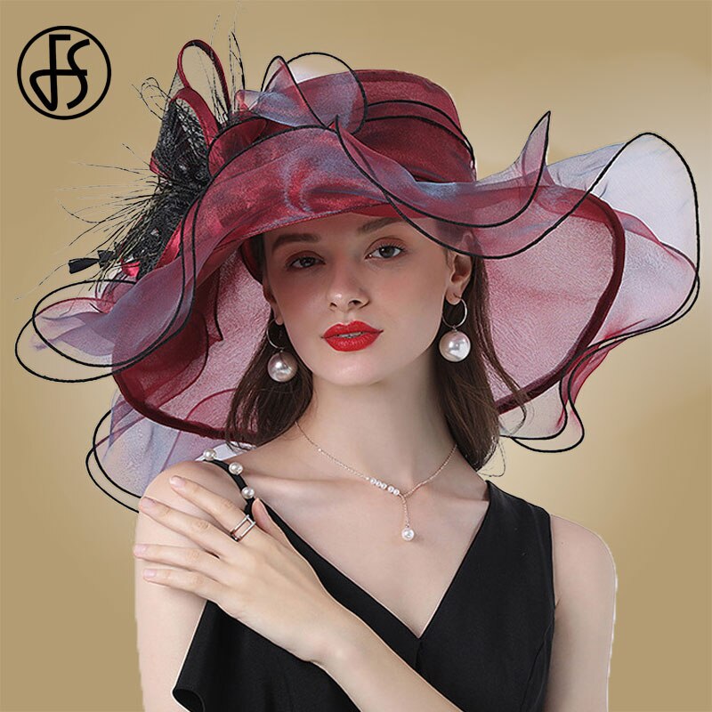 FS Fashion Hat For Women Kentucky Derby Pink Organza Hats Ladies Tea Party Wedding Large Wide Brim Fascinator Vintage Fedoras