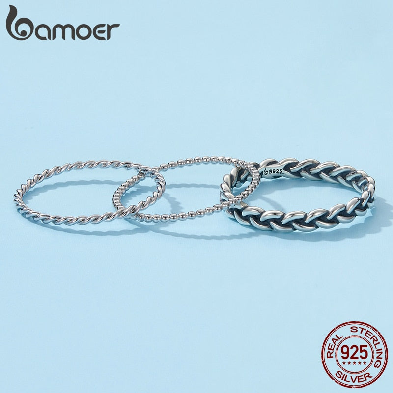 BAMOER 925 Sterling Silver Braided Texture Twisted Eternity Band Stackable Rings Fine Jewelry