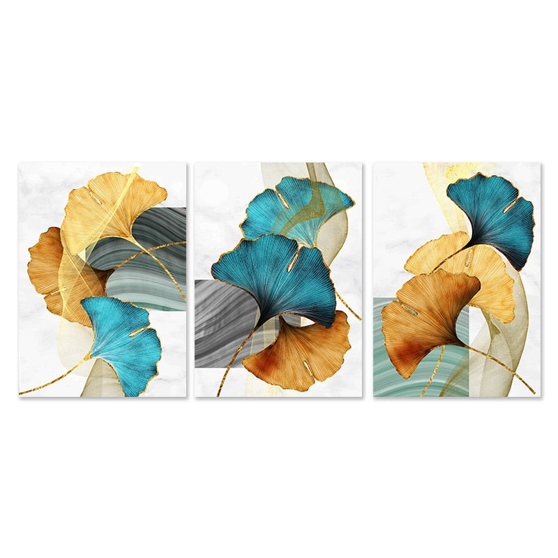 Blue Green Yellow Gold Leaf Plant Flower Canvas Poster Abstract Painting Wall Art Print Nordic Modern Pictures Living Room Decor