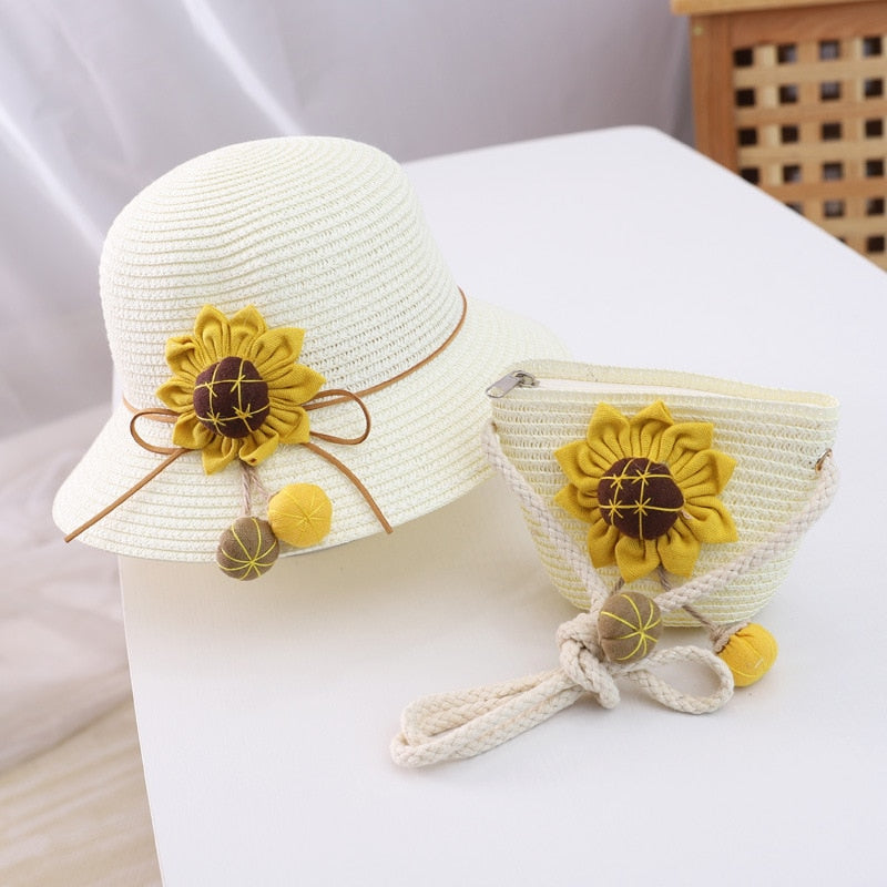 Summer Girls Straw Hat Set Handbag New Flower Sun Hat Straw Hat Panama Gorros Sun Hat Children Baby Girls