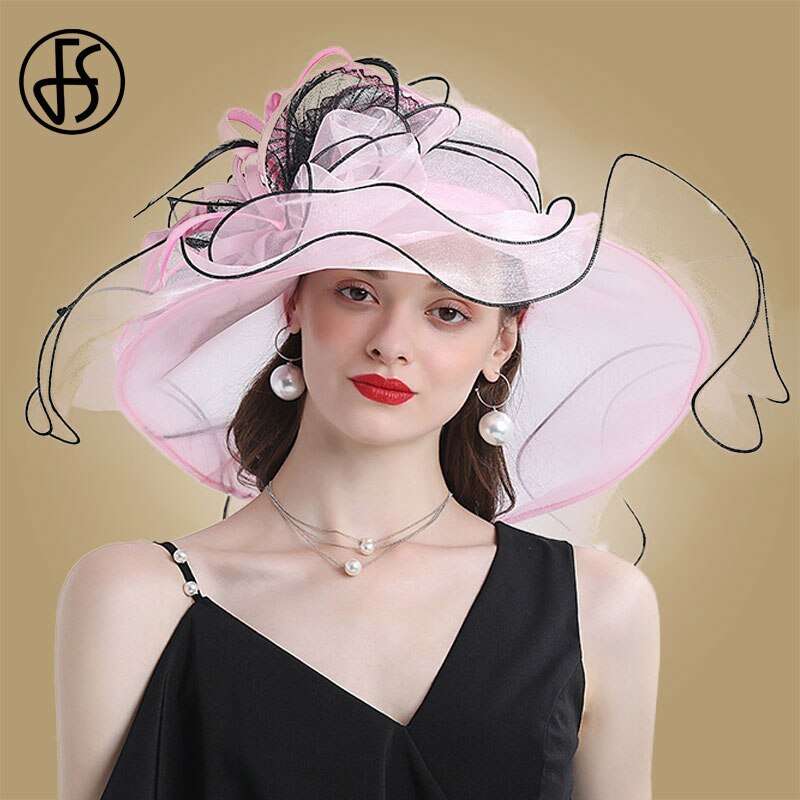 FS Fashion Hat For Women Kentucky Derby Pink Organza Hats Ladies Tea Party Wedding Large Wide Brim Fascinator Vintage Fedoras