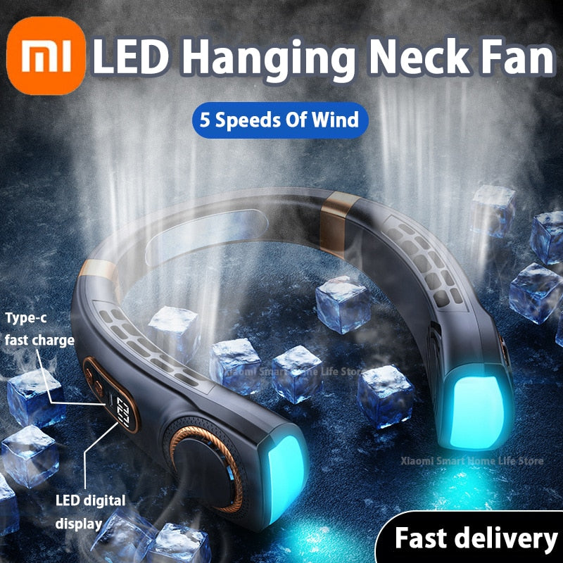 Xiaomi Portable Neck Fan USB Handheld Mute LED Digital Display Leafless Mini Electric Fan Colorful Atmosphere Lights 5th Gear