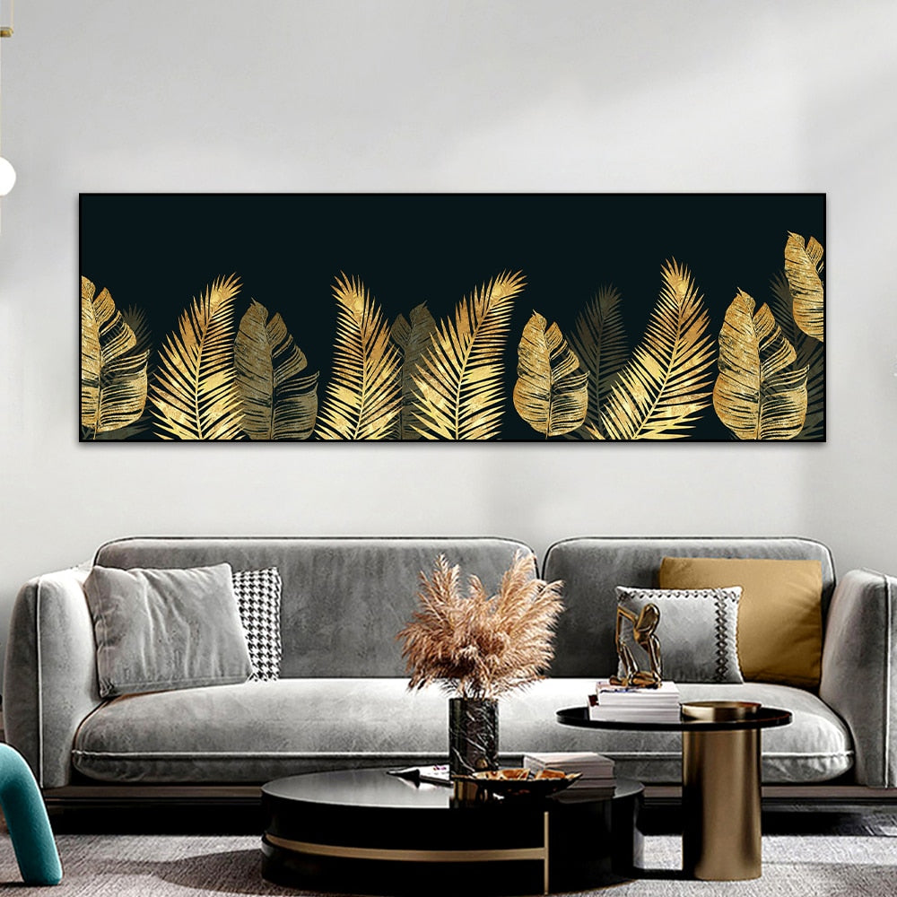 Large Wall Art Plant Painting Black Gold Monstera Ginkgo Leaf Pictures Prints Canvas Posters for Living Room Home Decor No Frame