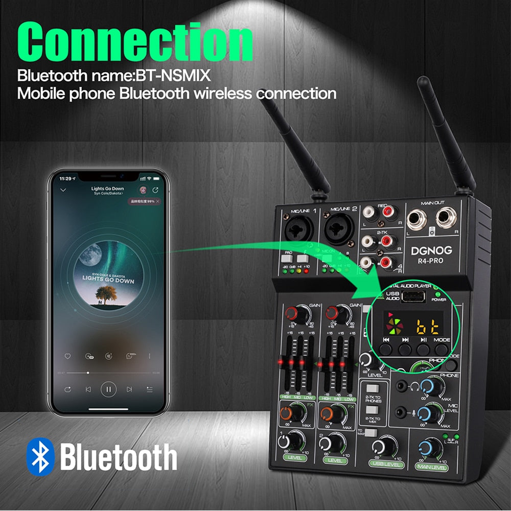 4 Channel USB Audio Mixer with Wireless Microphone Studio Sound Mixers with Bluetooth REC DJ Console Mixing for Karaoke
