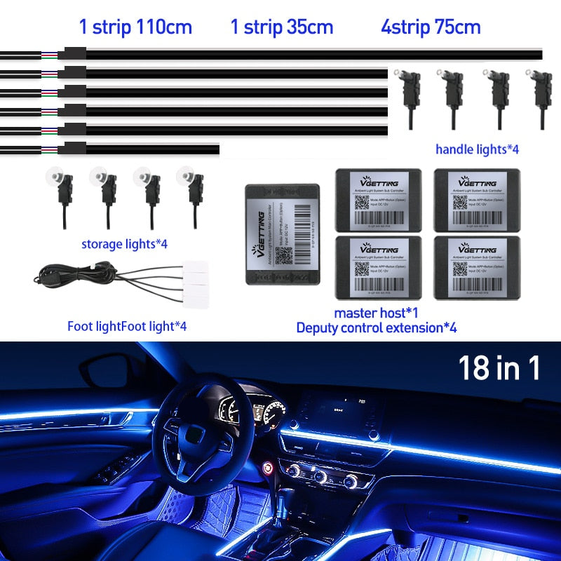 18 In 1 Full Color Streamer Car Ambient Lights RGB 64 Color Universal LED Interior Hidden Acrylic Strip Symphony Atmosphere Lamp