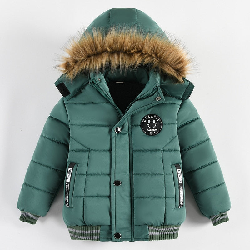Autumn Winter Keep Warm Hooded Boys Jacket Fashion Fur Collar Heavy Cotton Outerwear For Kids 2-6Years Children Windbreaker Coat