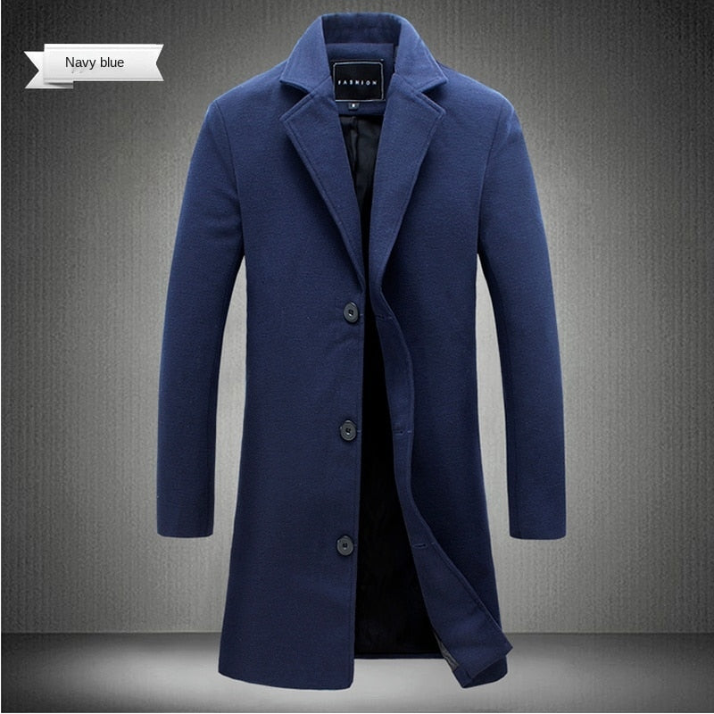 2023 Spring and Autumn Long Cotton Coat New Wool Blend Pure Color Casual Business Fashion Men's Clothing Slim Windbreaker Jacket