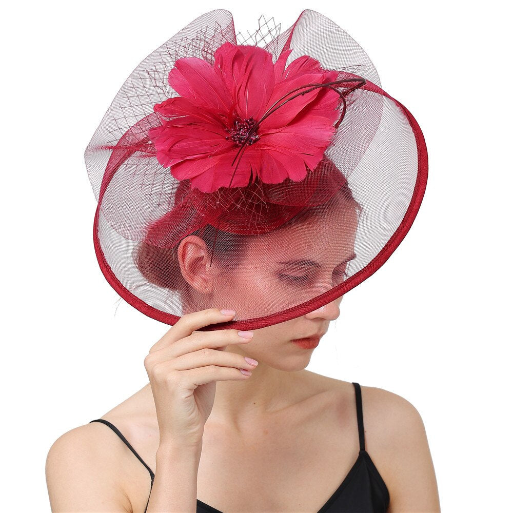 Kenducky Red Big Fascinator Hats Ladies Elegant Church Wedding Party Cocktail Hats Elegant Hair Clips Mesh Hair Accessories