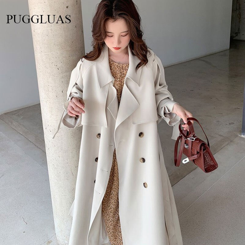 Korea Loose Oversize Double-Breasted Long Trench Coat Women White Black Duster Coat Windbreaker Lady Outerwear Spring Clothes