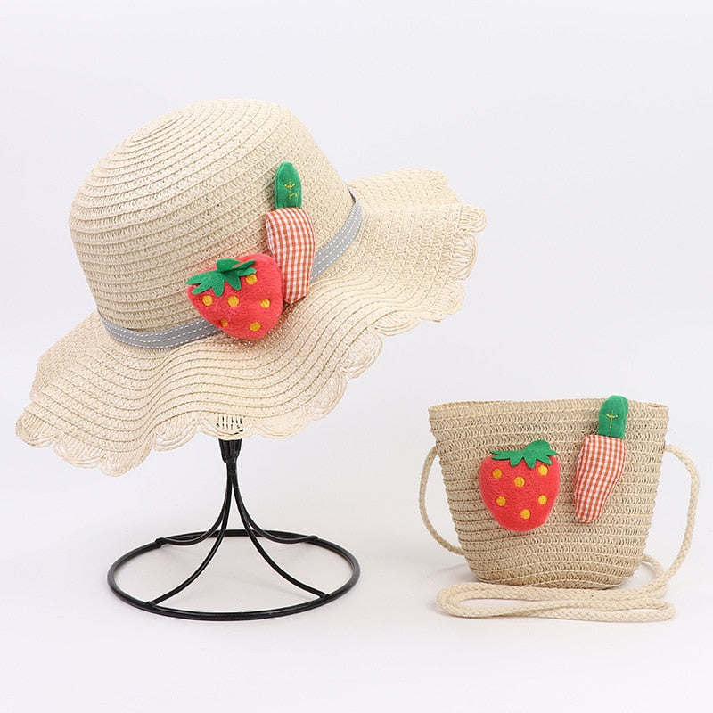 Summer Girls Straw Hat Set Handbag New Flower Sun Hat Straw Hat Panama Gorros Sun Hat Children Baby Girls