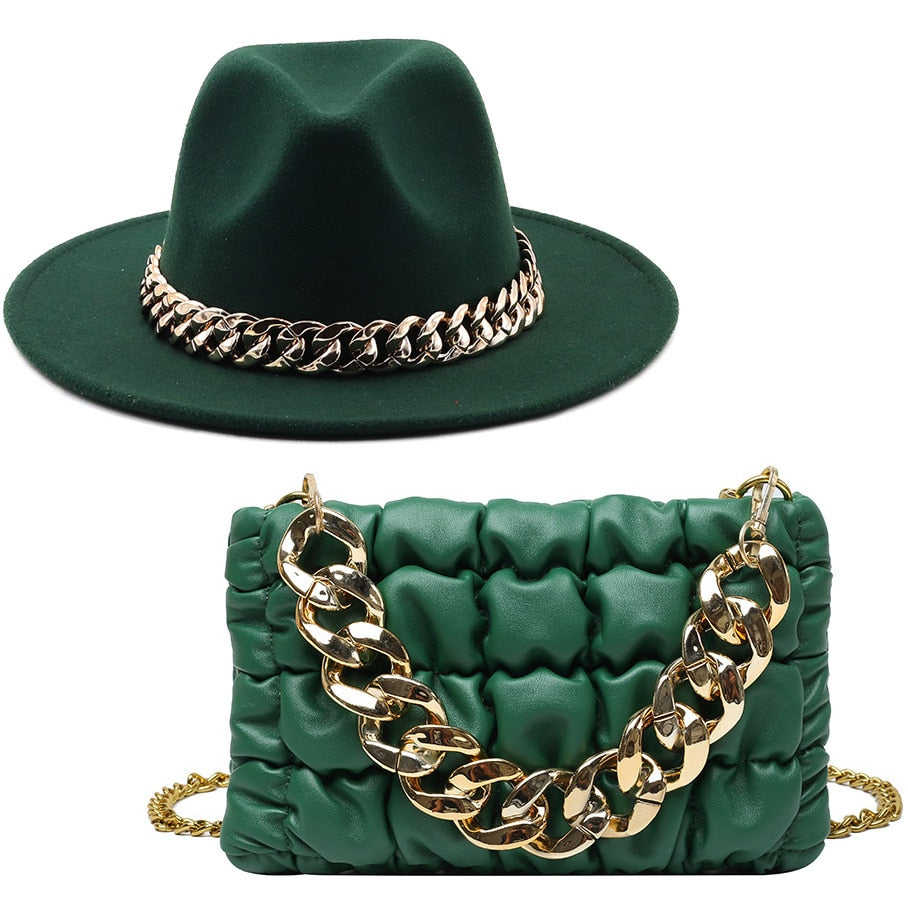 Hat For Women Autumn Winter New Party Jazz Fedora Hats With Fashion Luxury Oversized Chain Accessory Bag Two-piece Set