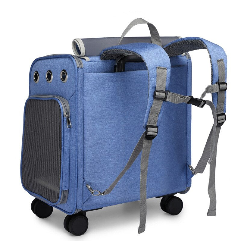 Pet Trolley Backpack Large Space Cat Carrier with Universal Wheel Foldable Pull Rod Dog Bag Small Animal Carrier