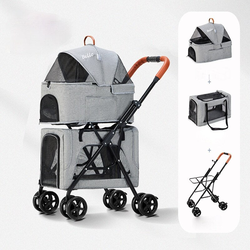 Lightweight Folding Double-layer Pet Stroller Dog Large Space Trolley Cage Four-wheel Outdoor Travel