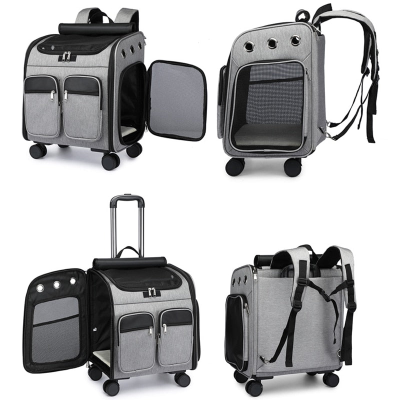 Pet Carrier Traveling Backpack Large Transport for Cat Small Dog Rolling Wheels Collapsible Mute Stroller Multi-Pockets Cart