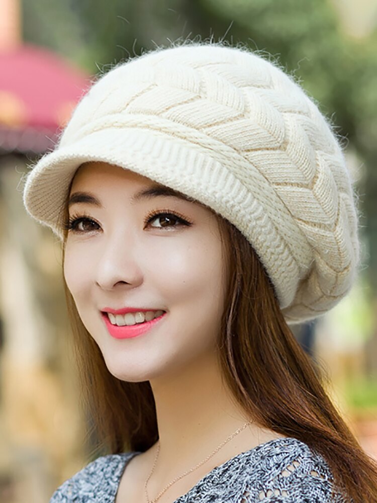 Women's Hats Winter Warm Knitted Hat Rabbit Hair Double Layer Plus Velvet Cap Visor Beanies For Women Casual