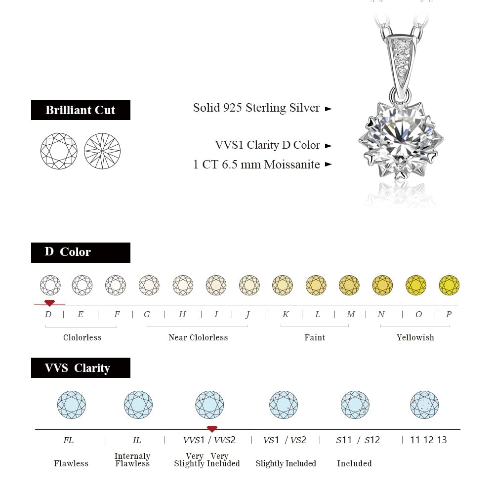 1 Carat Round Brilliant Cut D Color Moissanite Pendant Necklace Silver 925 Moissanite Diamond Test Past White Gemstone Necklace