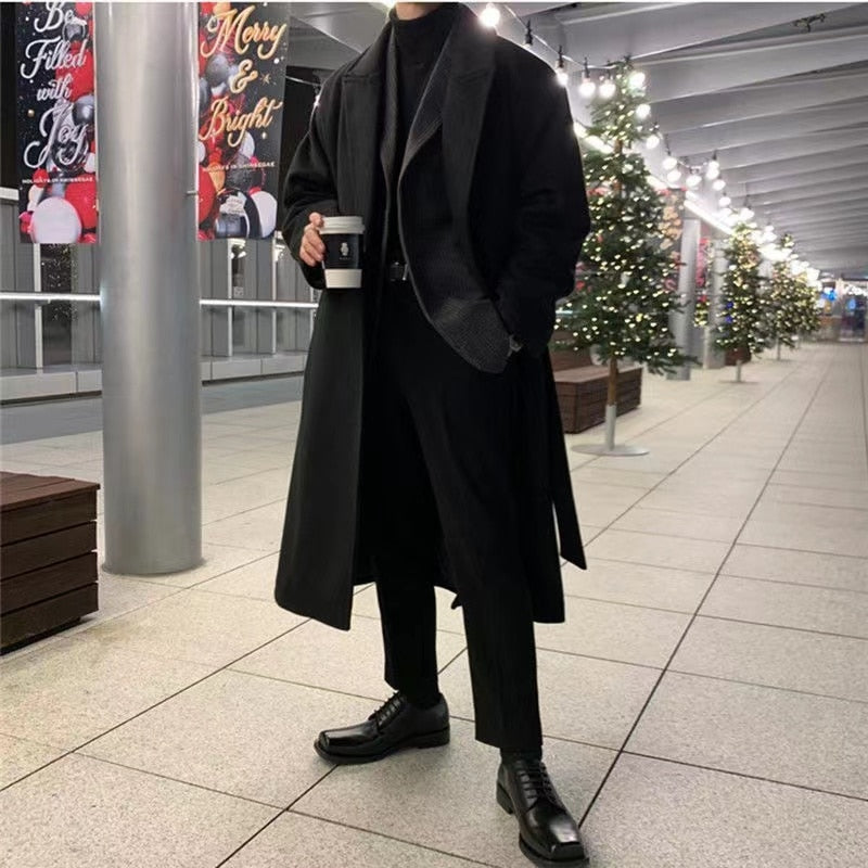 2023 Autumn Winter Extra Long Wool Trench Coat Brand Men Cashmere Loose Casual Single-Breasted Overcoat Male Fashion Black Coats