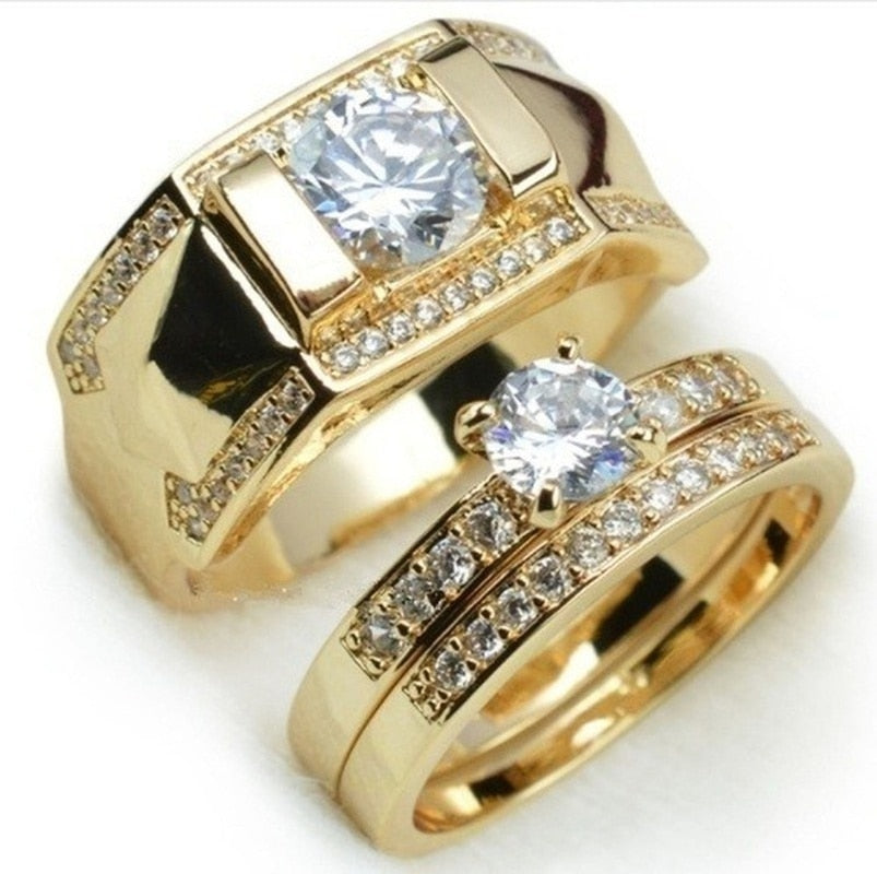 1pcs Luxury Women Ring Metal Carving Gold Color Inlaid Zircon Stones Couple Ring Bridal Engagement Wedding Jewelry