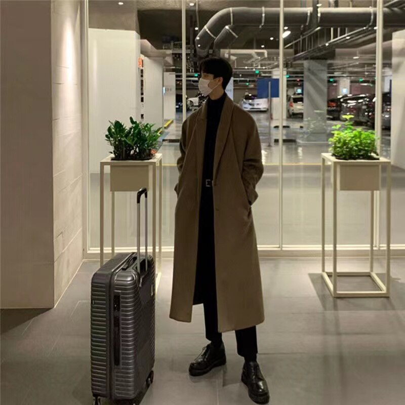 2023 Autumn Winter Extra Long Wool Trench Coat Brand Men Cashmere Loose Casual Single-Breasted Overcoat Male Fashion Black Coats