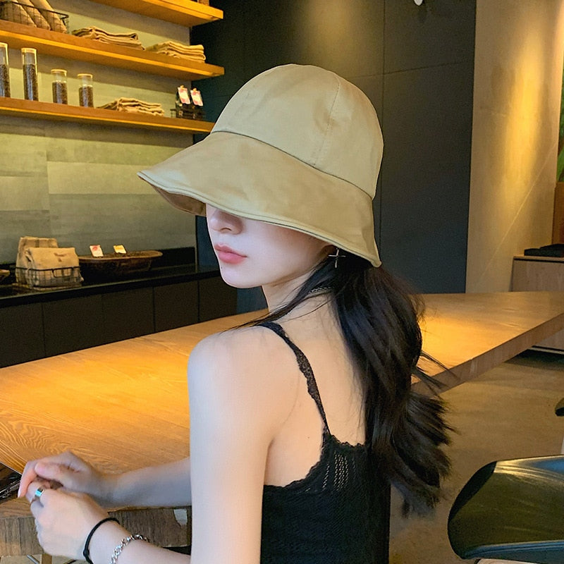 New Solid Color Soft Cotton Women Bucket Hat Spring Summer Adjustable Outdoor Beach Sun Hats Foldable Panama Caps Ponytail Cap