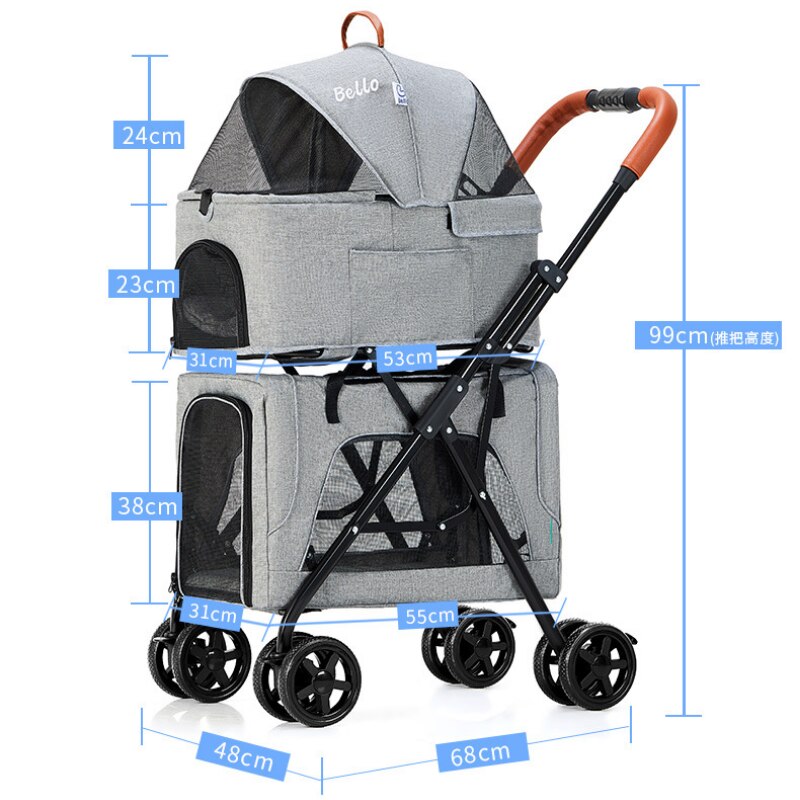 Lightweight Folding Double-layer Pet Stroller Dog Large Space Trolley Cage Four-wheel Outdoor Travel