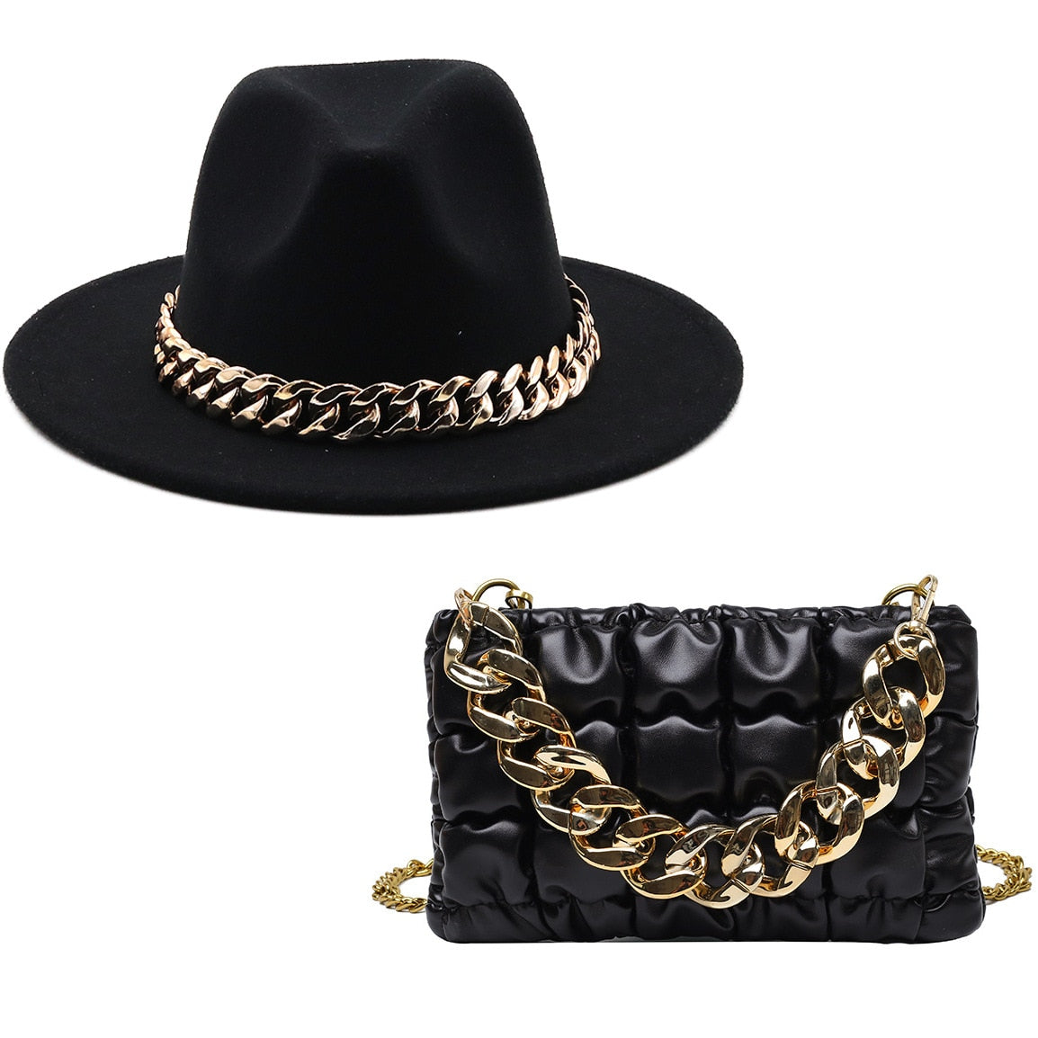 Hat For Women Autumn Winter New Party Jazz Fedora Hats With Fashion Luxury Oversized Chain Accessory Bag Two-piece Set