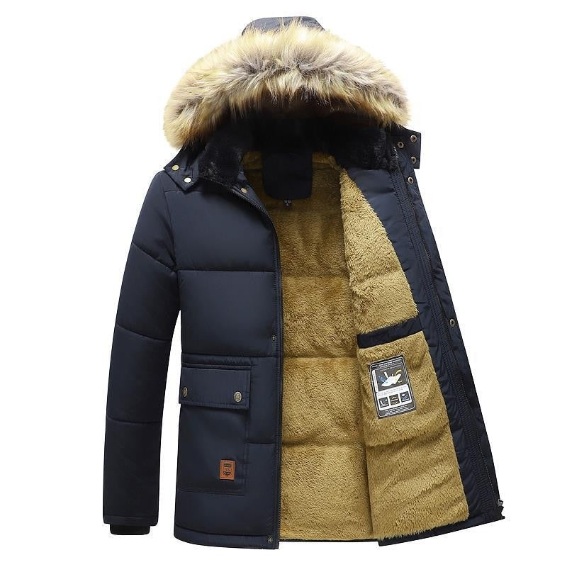 2022 New Men Winter Parka Fleece Lined Thick Warm Hooded Fur Collar Coat Male Size 5XL Plush Jacket Autumn Work Outwearing Black