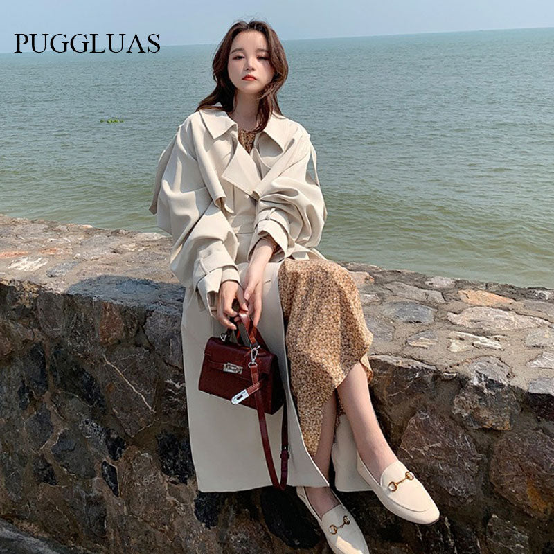 Korea Loose Oversize Double-Breasted Long Trench Coat Women White Black Duster Coat Windbreaker Lady Outerwear Spring Clothes