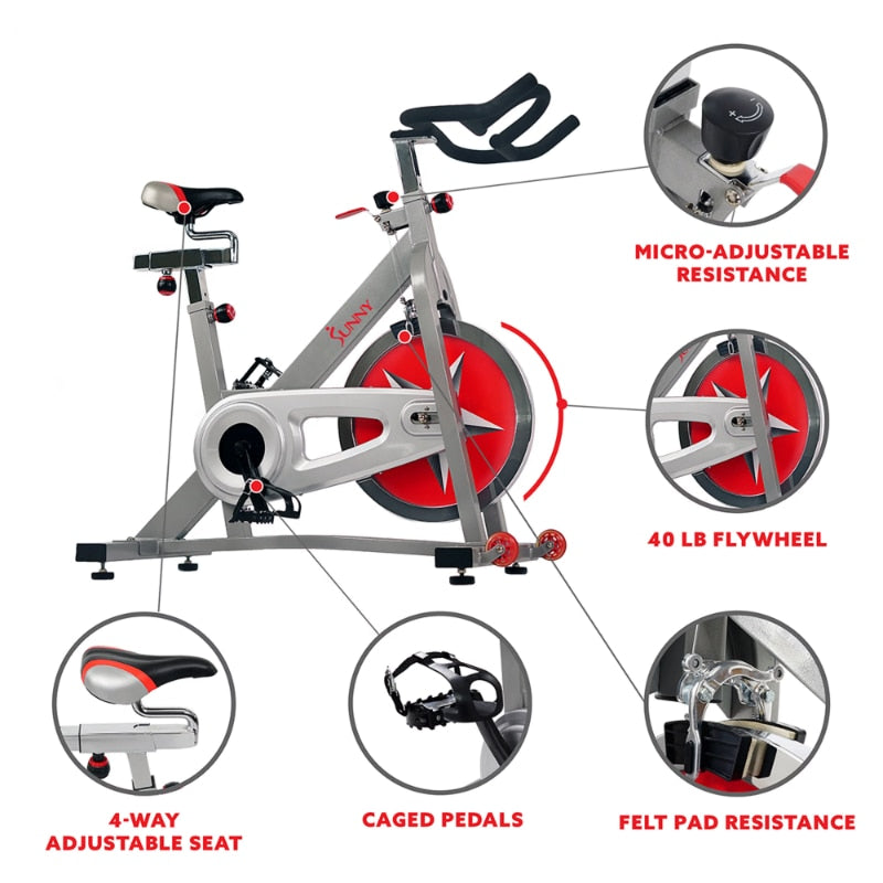 Sunny Health &amp; Fitness Stationary Chain Drive 40 lb Flywheel Pro Indoor Cycling Exercise Bike Trainer, Workout Machine, SF-B901