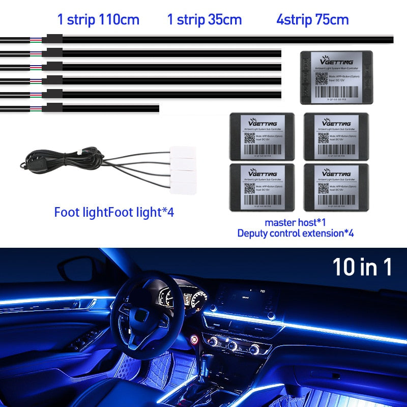 18 In 1 Full Color Streamer Car Ambient Lights RGB 64 Color Universal LED Interior Hidden Acrylic Strip Symphony Atmosphere Lamp