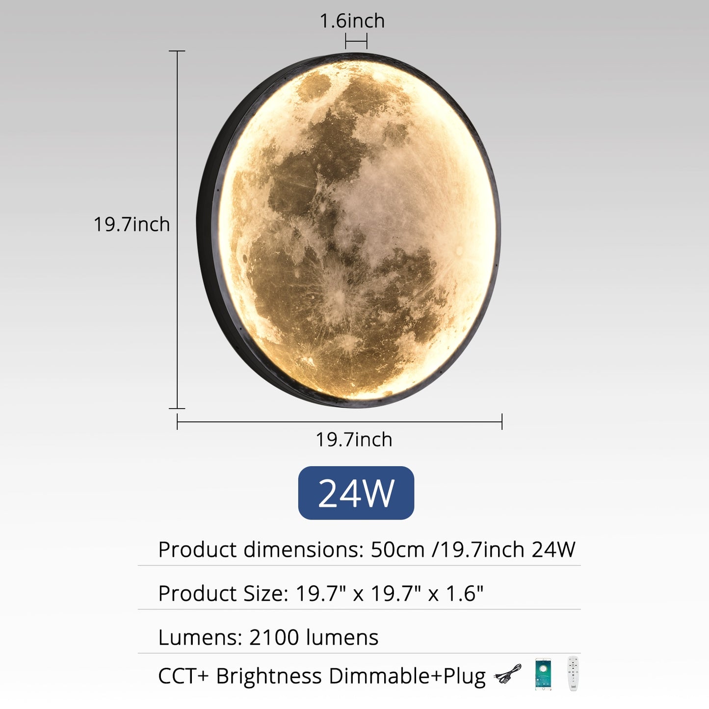 15W Dimmable MOON wall sconce lamps APP remote control Indoor Lighting lights Bedroom Living Hall Room HOME Decoration 24cm 50cm