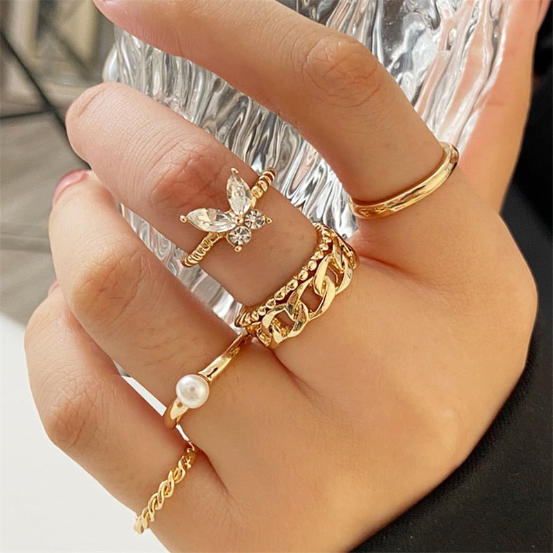 5Pcs/10Pcs Imitation Pearl Leaf Flower Rings Set For Women Rhinestone Butterfly Finger Ring Metal Knuckle Finger Ring Jewelry