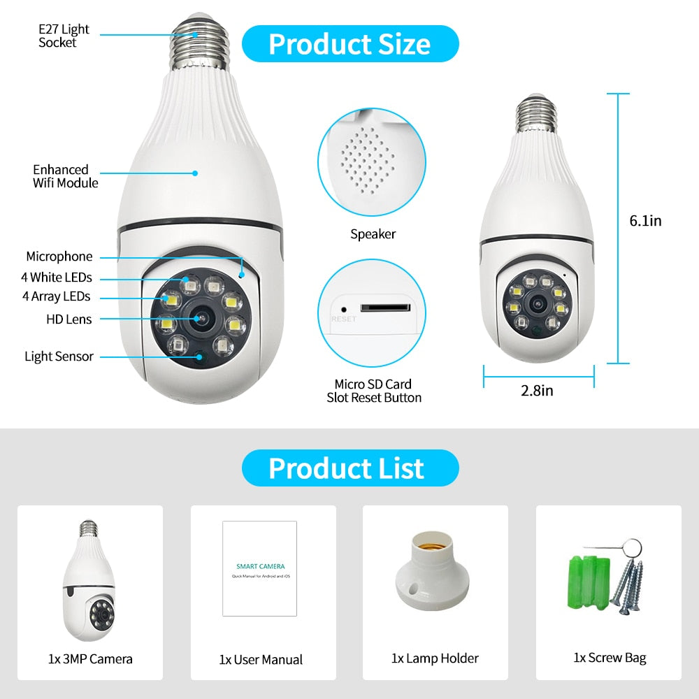 New 3MP Wifi IP Surveillance Bulb Camera Outdoor 4X Digital Zoom AI Human Detect Wireless Monitor H.265 Audio Security CCTV Cam